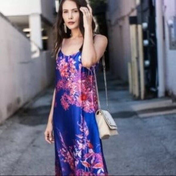 Banana Republic Dress Floral Satin Midi Slip Spaghetti Strap Purple Pink Size 2 - Picture 2 of 10